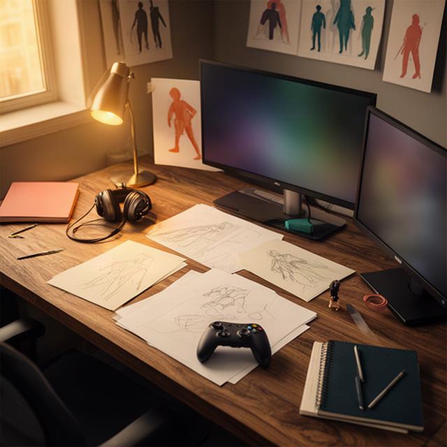 Warm game studio workspace with concept art, testing notes, and development screens on a wooden desk