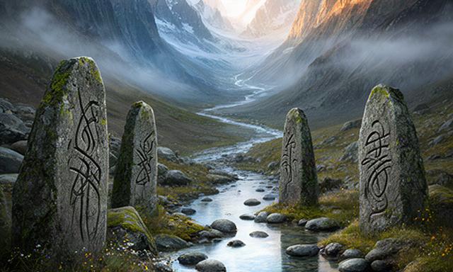 Puzzle game cover art showing carved stones arranged beside a mountain stream