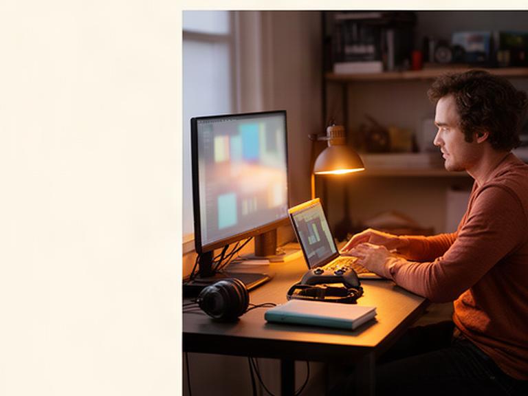 Game developer reviewing privacy settings beside a warm-lit workstation in a small Pennsylvania studio