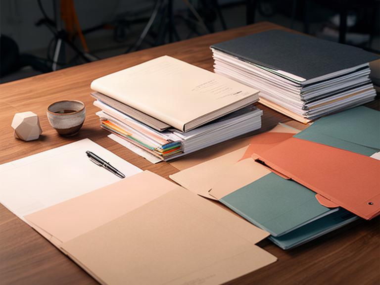 Organised privacy records and a notebook on a wooden desk in a quiet game studio office