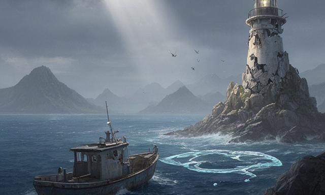 Blue coastal cover art for Tidebound showing a small boat near a broken lighthouse