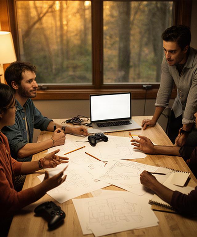 Game development team discussing level design around a table in a warm Pennsylvania studio