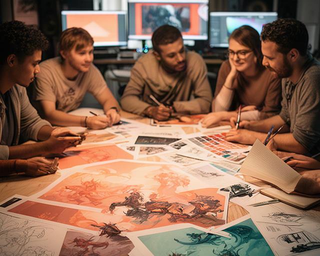 Game designers reviewing colorful concept art around a studio table in Pennsylvania