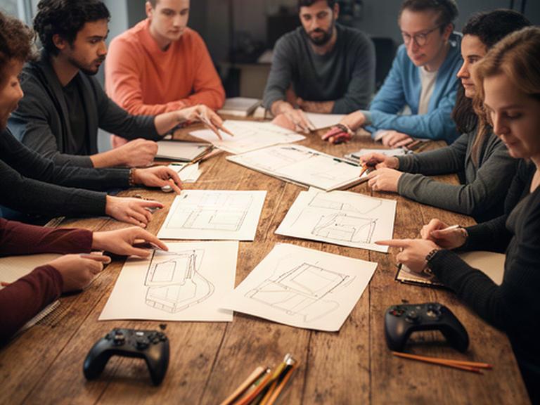 Small game studio team reviewing printed level maps around a wooden meeting table